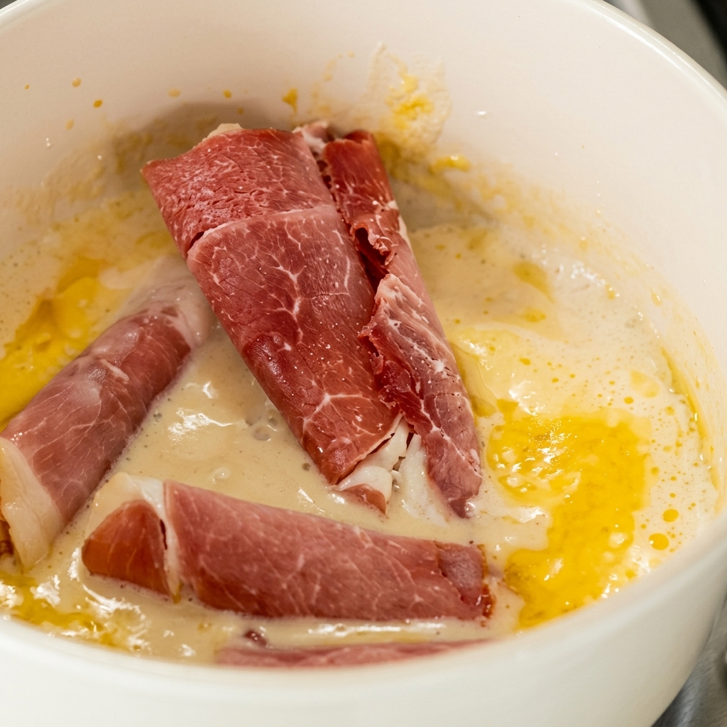 Thin, rolled slices of raw red beef being added to a pot of bubbling, creamy, light-colored ramen broth.
