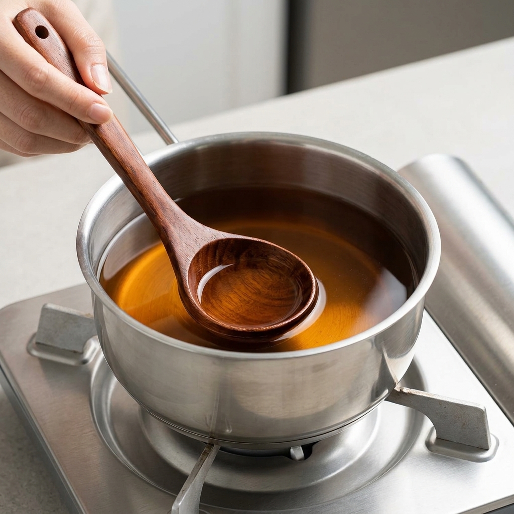 A hand using a wooden ladle to stir a bubbling, dark brown ramen broth in a stainless steel pot.