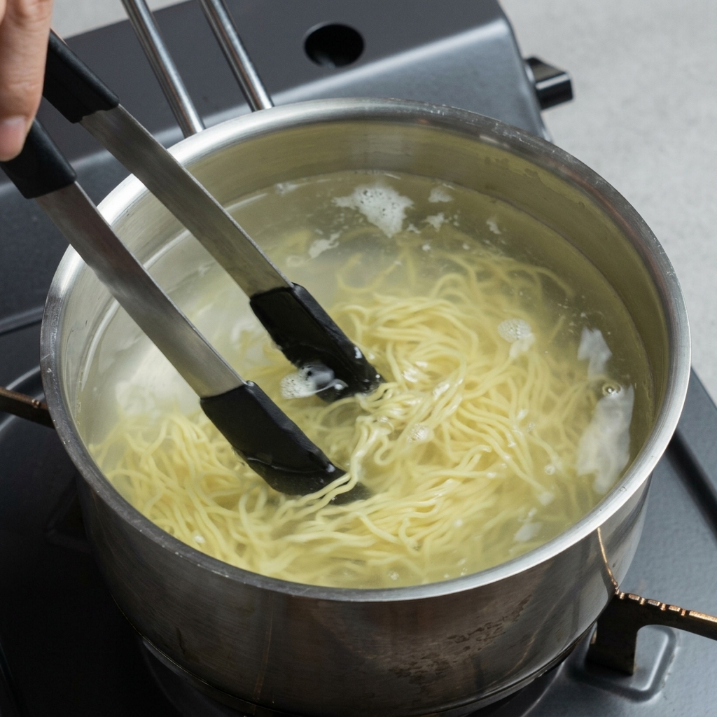 Metal tongs stirring and separating yellow ramen noodles submerged in boiling water inside a metal pot.