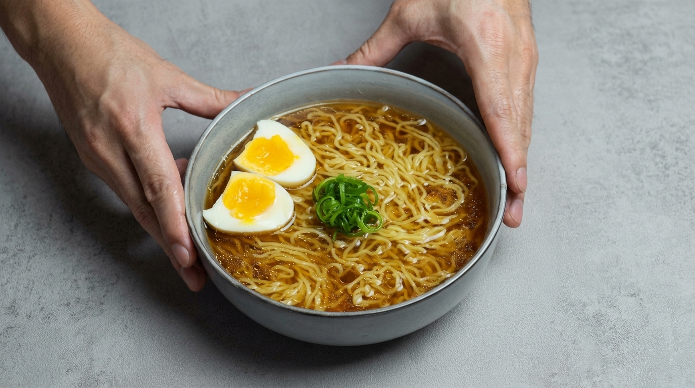 A classic bowl of Shoyu Ramen topped with jammy soft-boiled eggs and fresh green onions.