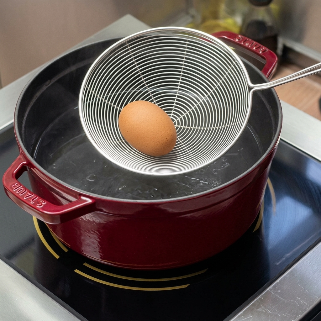 A whole brown egg resting in a wire strainer being lowered into a red Staub pot filled with boiling water on an induction burner.
