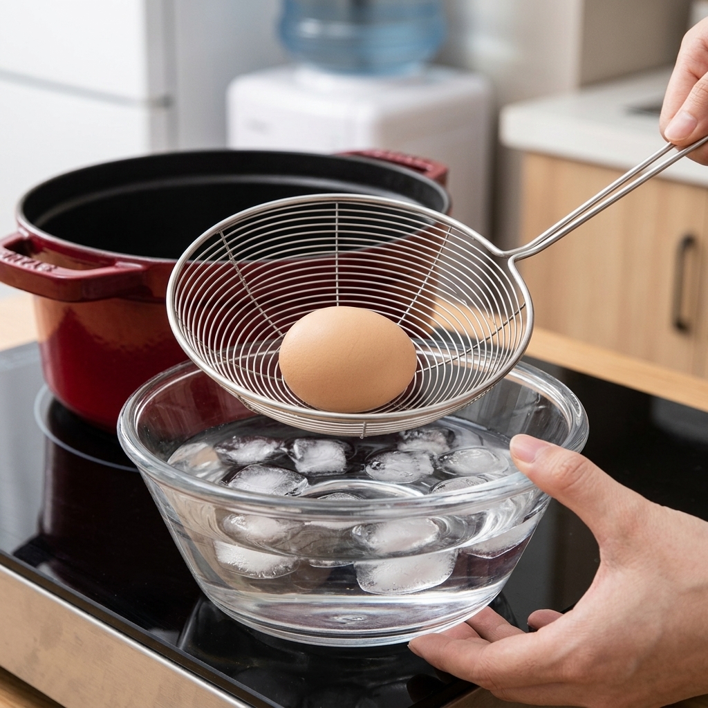 An egg in a wire strainer being dipped into a clear glass bowl containing water and several large ice cubes.