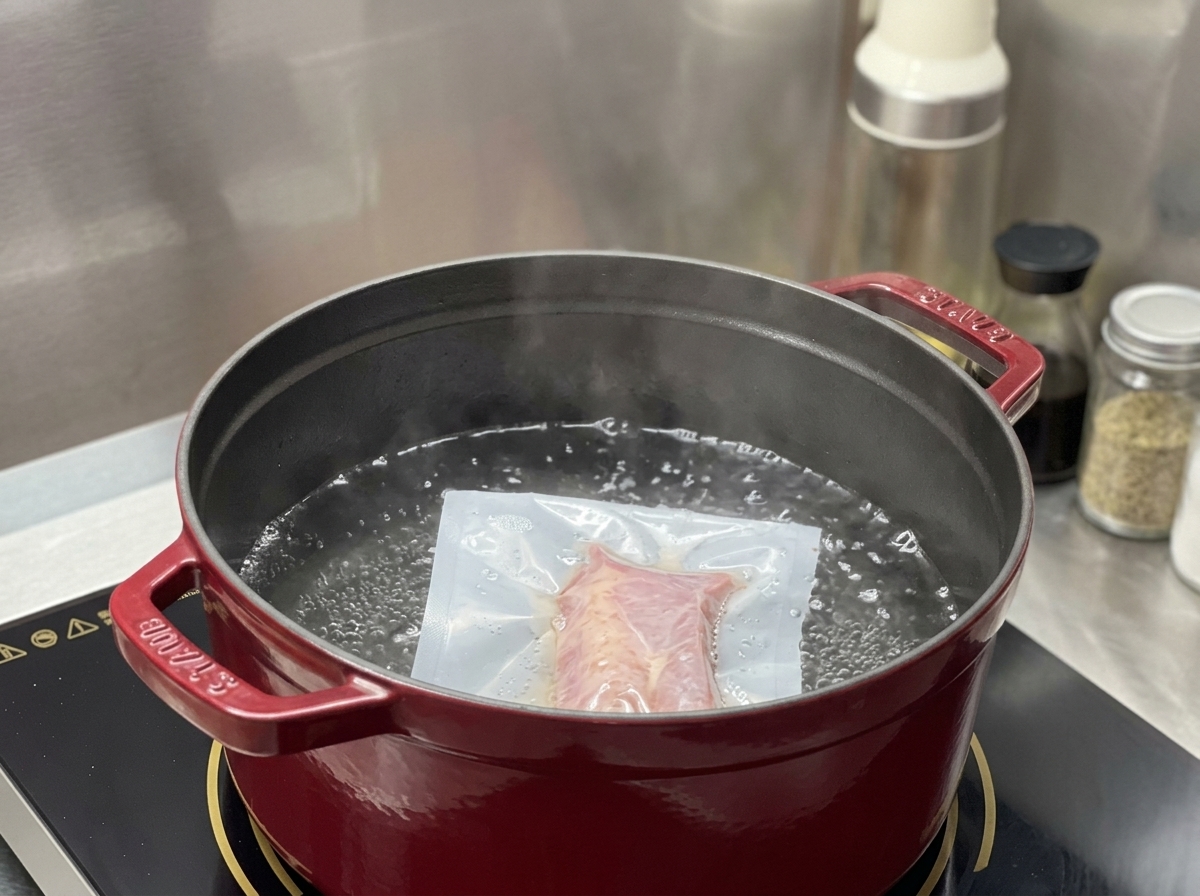 A vacuum-sealed plastic bag containing a piece of pink chashu pork submerged in a pot of simmering water.