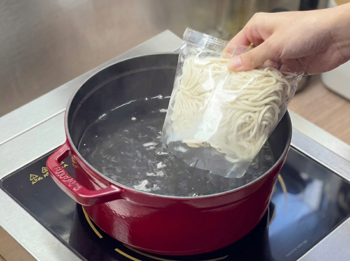 A hand holding a clear plastic bag of fresh ramen noodles over a red pot of boiling water on an induction cooktop.