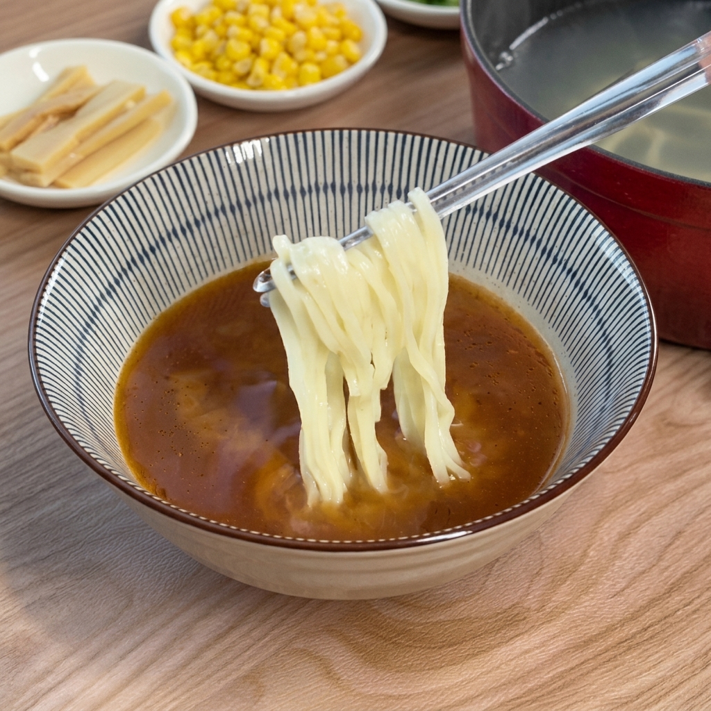A pair of metal chopsticks lifting a bundle of cooked ramen noodles into a bowl of dark miso soup.