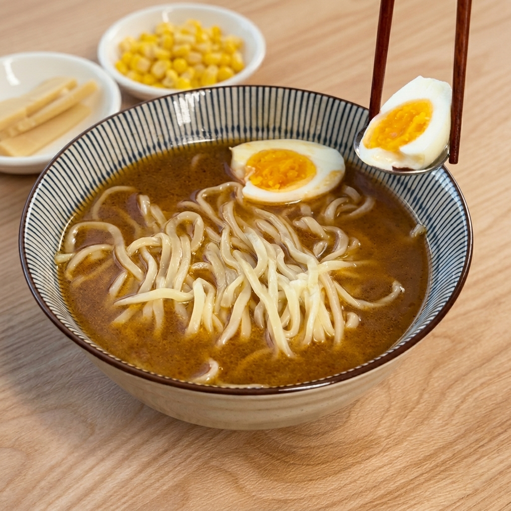 A hand using a spoon and chopsticks to place a soft-boiled egg half with a bright orange yolk onto a bowl of ramen.