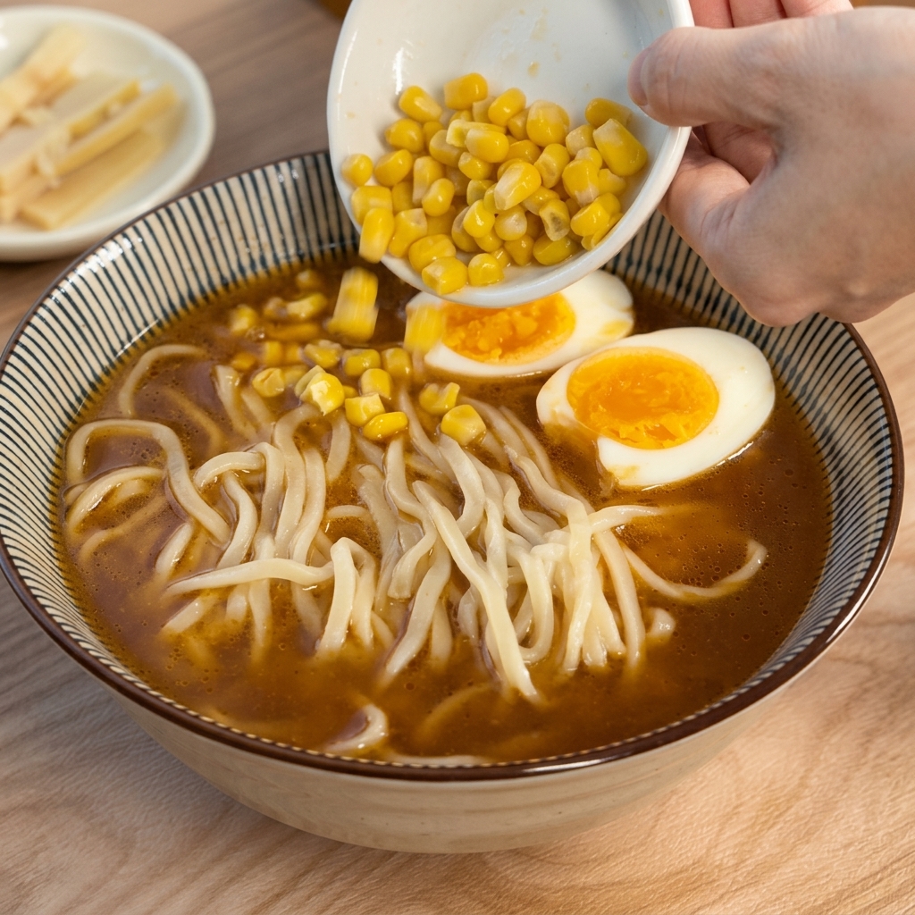 A person pouring sweet yellow corn kernels from a small white dish into a bowl of miso ramen already topped with eggs.