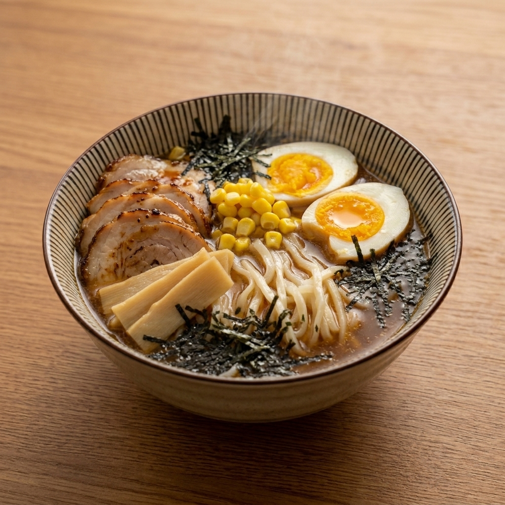 A beautifully plated bowl of miso ramen featuring eggs, corn, bamboo shoots, chashu pork, and nori seaweed.