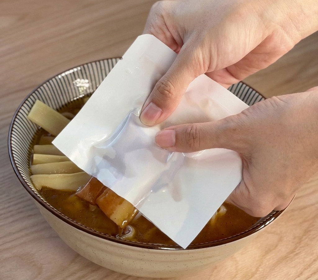Hands sliding a slice of braised chashu pork from a white packet onto a bowl of miso ramen already topped with bamboo shoots.