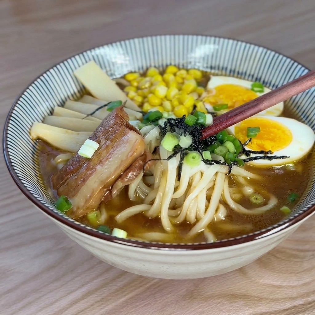 A completed bowl of miso ramen featuring soft-boiled eggs, corn kernels, chashu pork, and bamboo shoots, topped with fresh green onions.