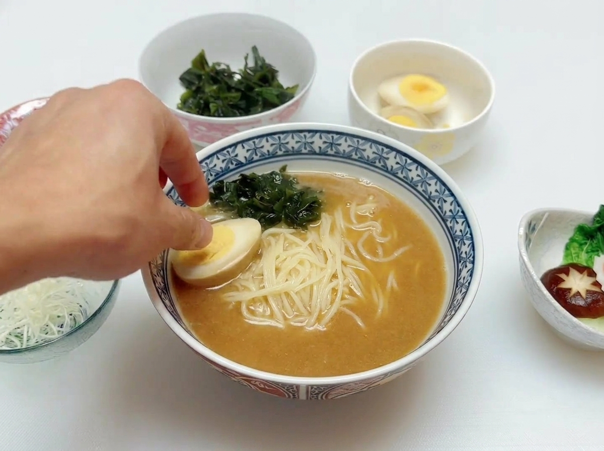 A hand carefully placing a soft-boiled egg half into a hot bowl of miso ramen.