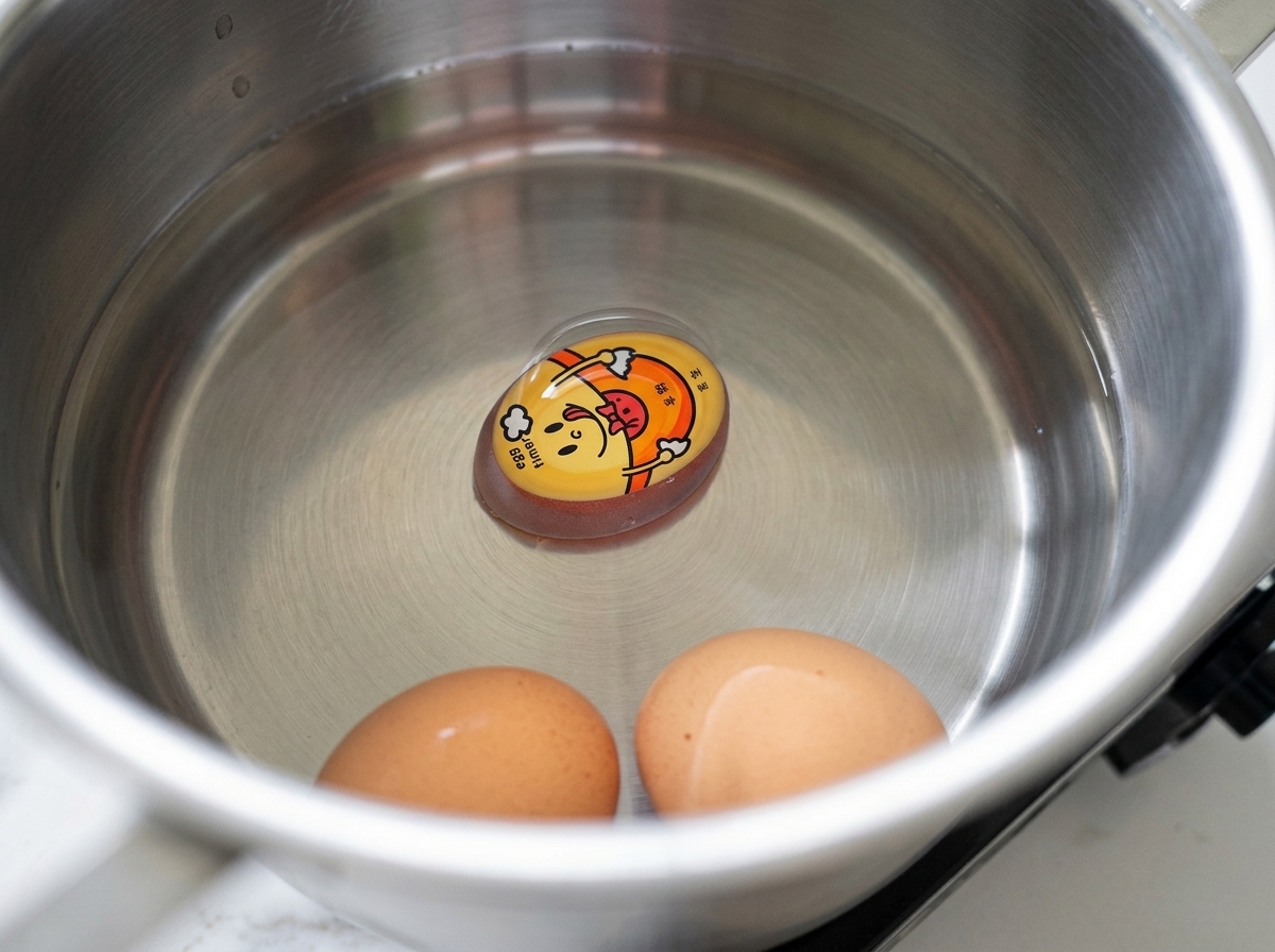 Two brown eggs submerged in a stainless steel pot of simmering water.