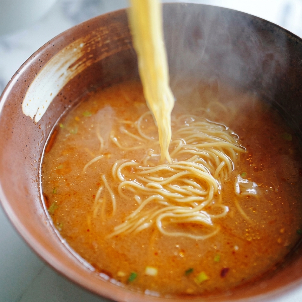 Yellow ramen noodles being lifted by chopsticks and lowered into a bowl of orange-tinted miso broth.