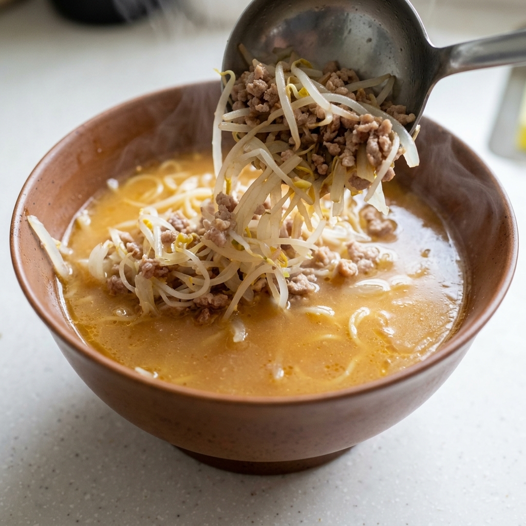 A metal ladle pouring a mixture of cooked ground pork and bean sprouts onto a bowl of miso ramen.
