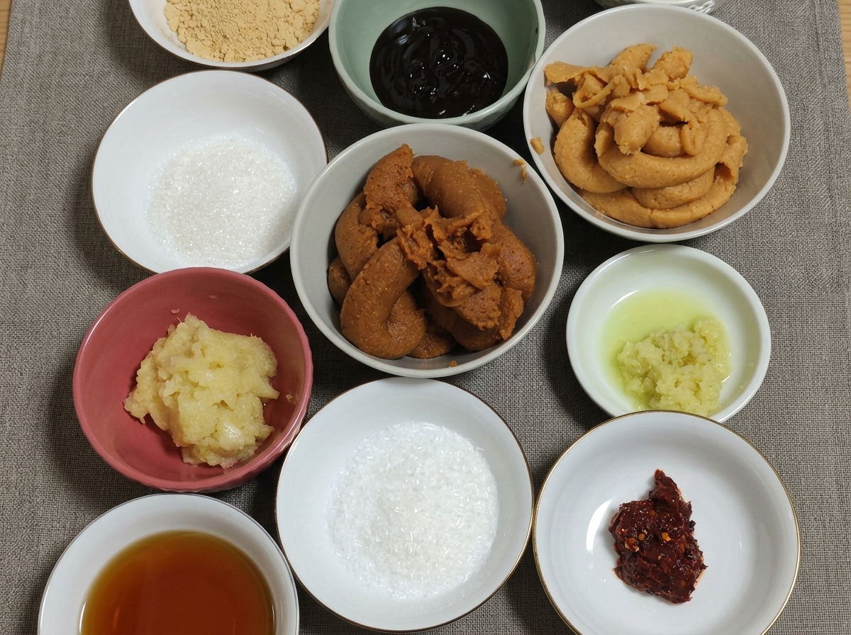 A top-down view of several small ceramic bowls arranged on a grey fabric, containing different colors of miso paste, white sugar, soy flour, minced garlic, and red chili flakes.