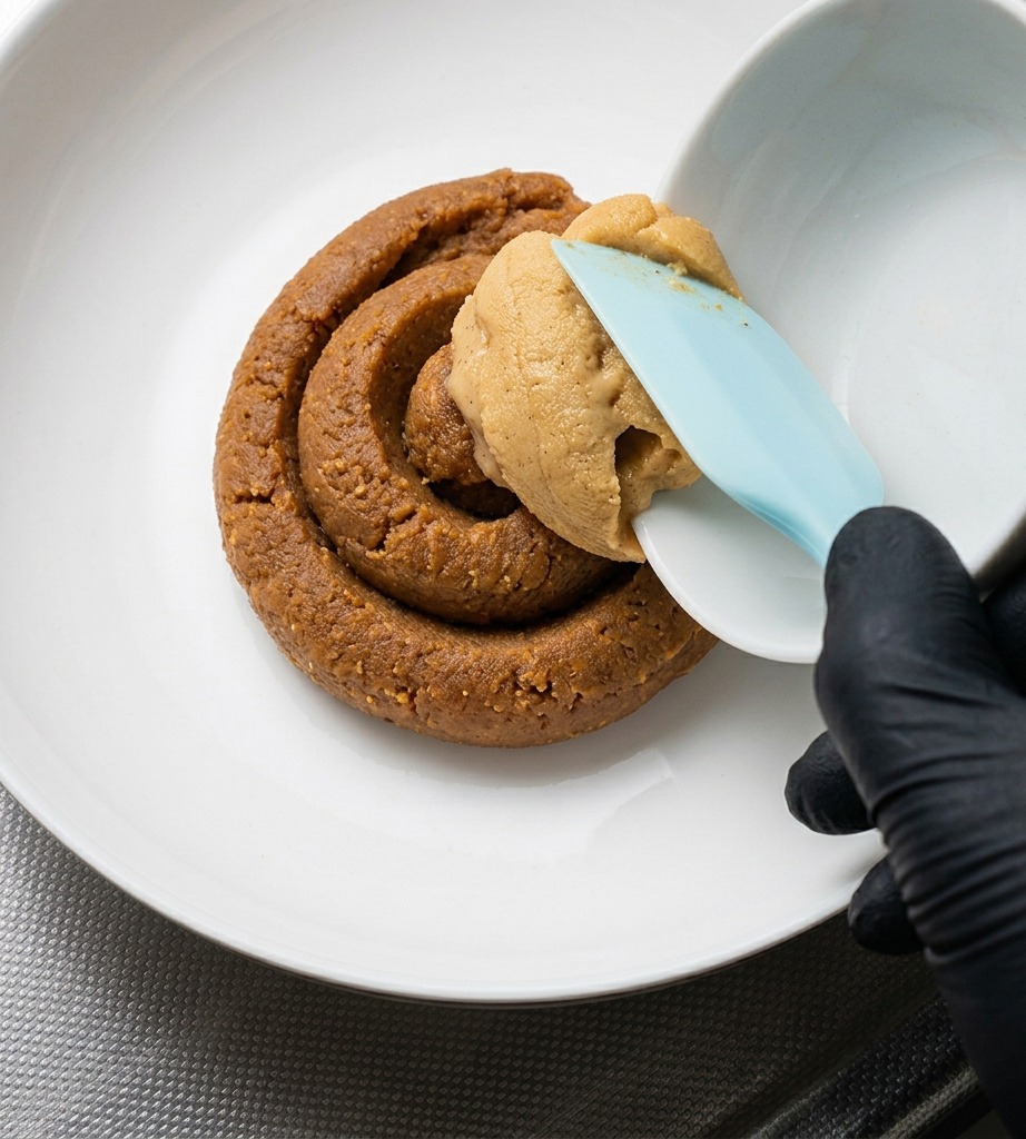 A gloved hand uses a blue spatula to scrape light-colored miso paste from a white bowl into a larger bowl already containing a swirl of darker red miso.