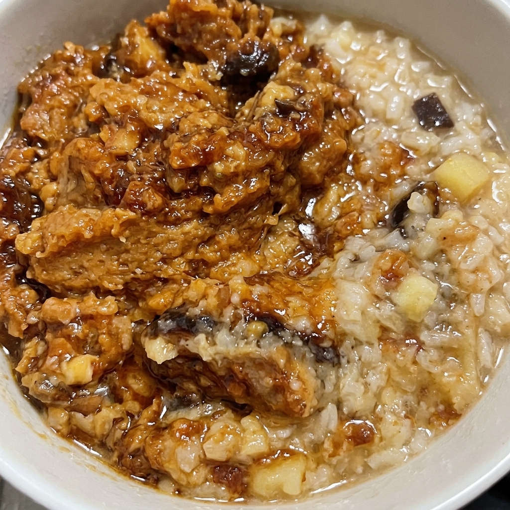 A close-up shot of a white bowl containing a thick, textured brown miso mixture being blended together.