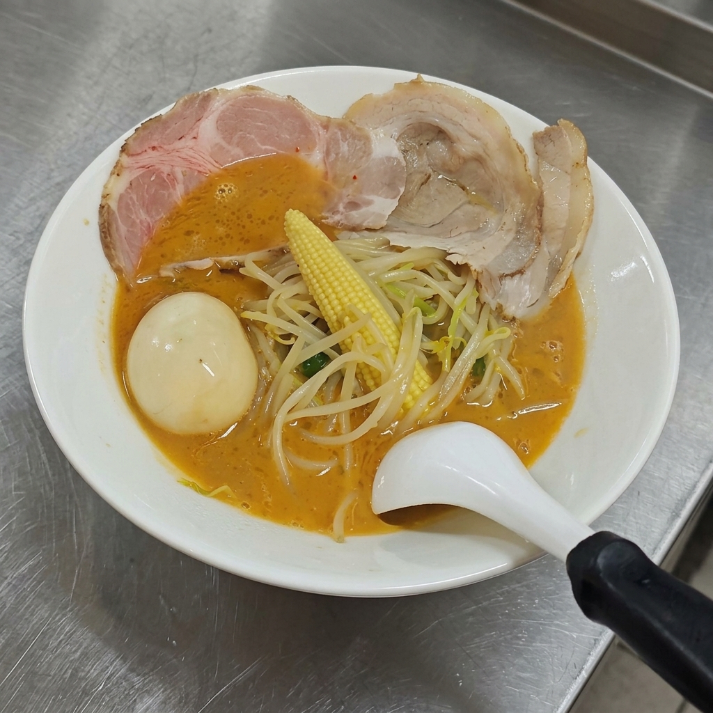 A completed bowl of miso ramen featuring bean sprouts, baby corn, chashu pork slices, a soft-boiled egg, and a square of yellow butter on top.