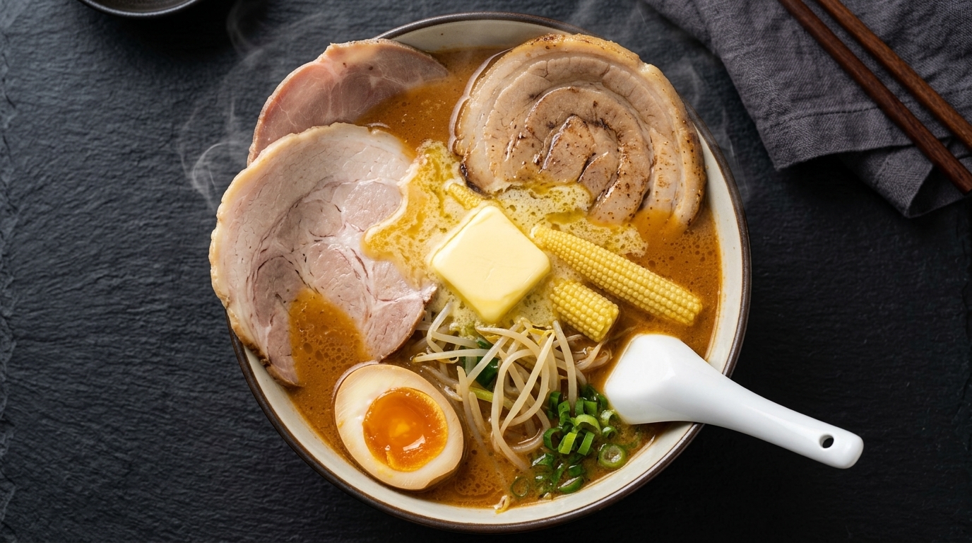 A steaming bowl of red miso ramen topped with melting butter, chashu, and baby corn