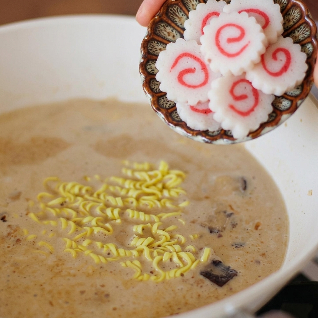 A small decorative plate being tilted to drop slices of white and pink narutomaki fish cakes into a pot of ramen soup.