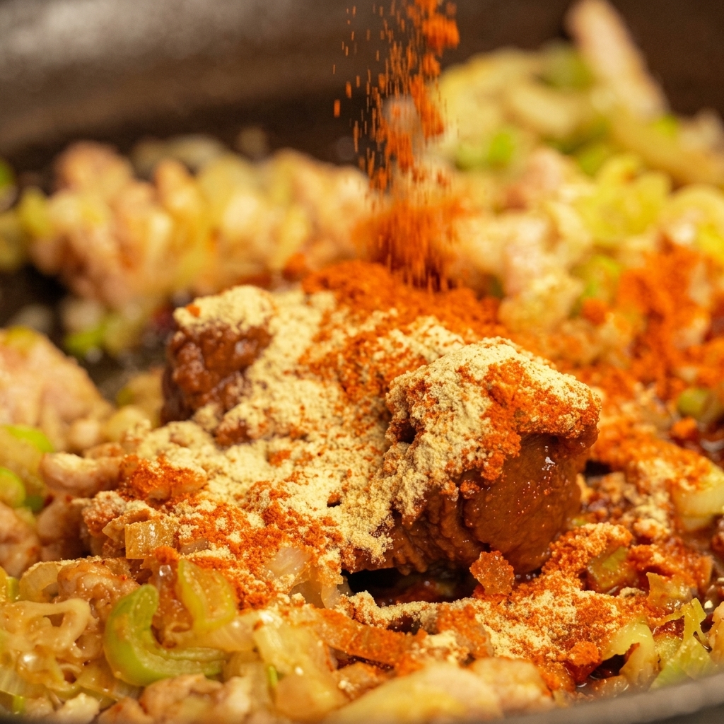 Red chili powder and white pepper being sprinkled over miso and pork in a frying pan.