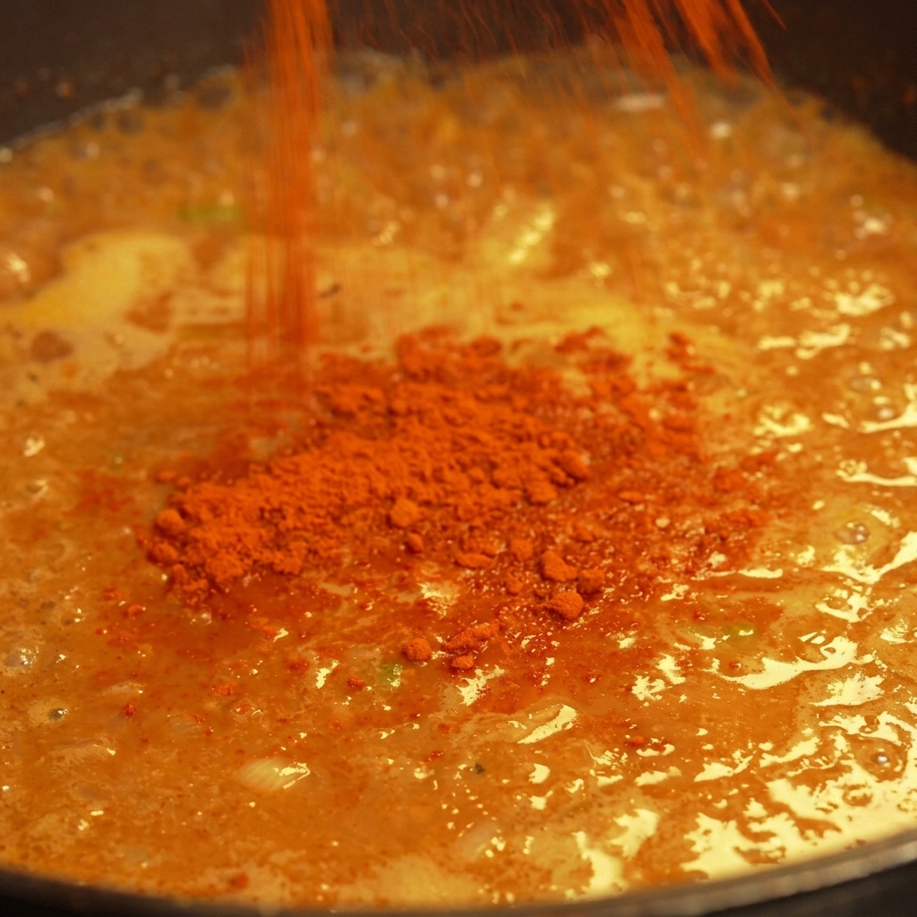 Fine red chili powder falling from above onto a bubbling creamy orange sauce in a black pan.