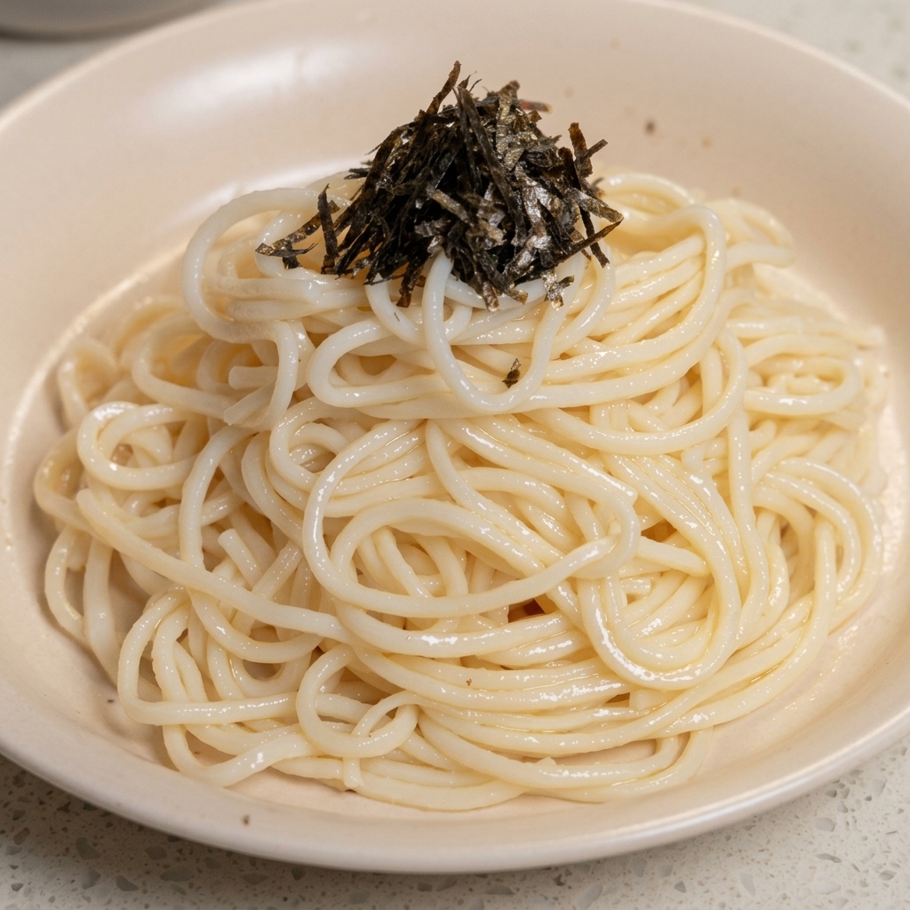 A close-up shot of a mound of white noodles in a cream-colored bowl, topped with a pile of thin strips of black seaweed.