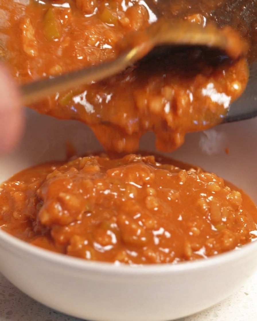 Rich, chunky orange-colored dipping sauce being poured from a dark pan into a white ceramic bowl.