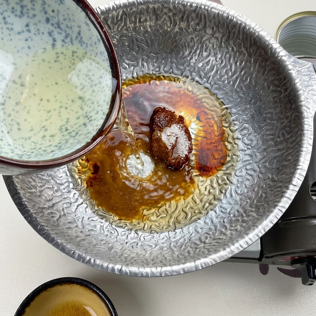 Clear dashi broth being poured from a blue-patterned ceramic bowl into the pot containing the dark miso and sugar mixture.