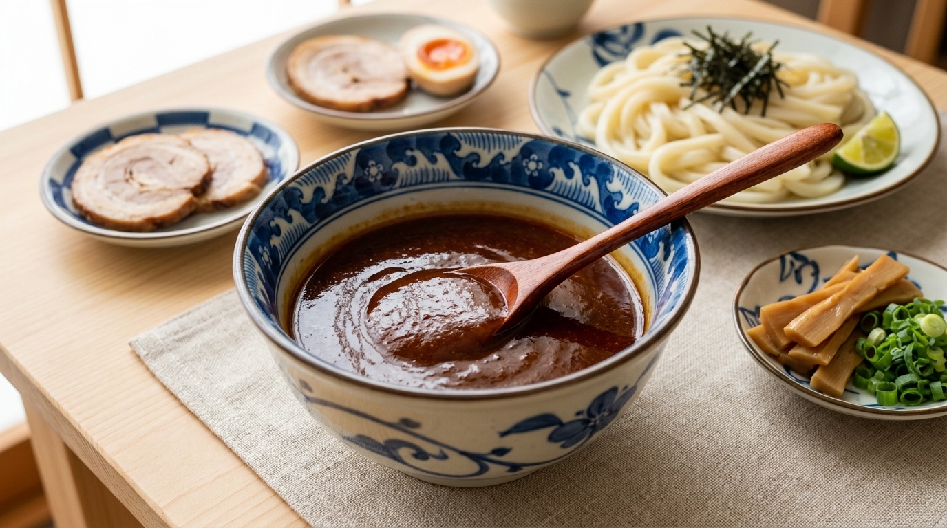 A bowl of dark, glossy miso dipping sauce served alongside cold udon noodles and traditional ramen toppings.