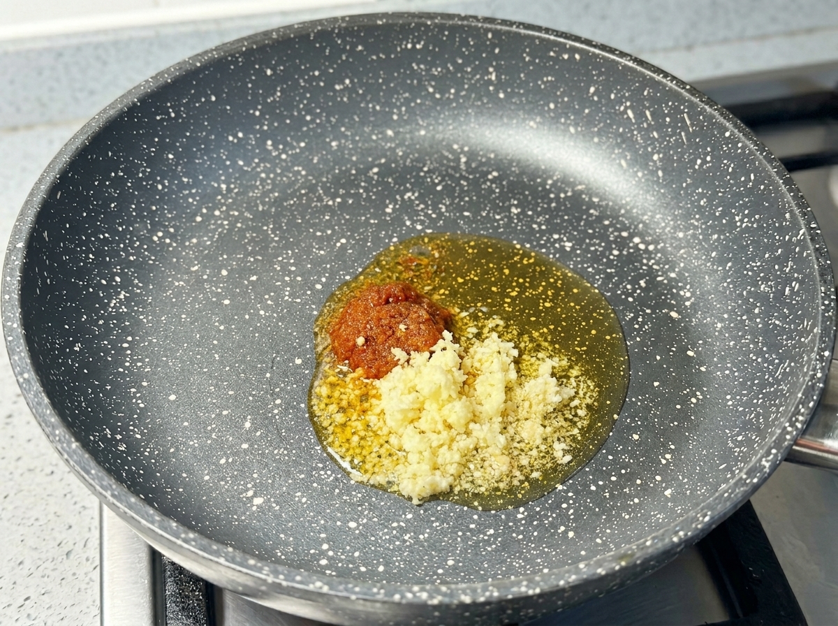 Minced garlic and a spoonful of reddish shrimp paste sizzling in hot oil inside a speckled frying pan.