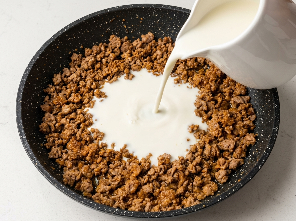 White milk being poured from a ceramic pitcher into a pan filled with cooked minced pork.