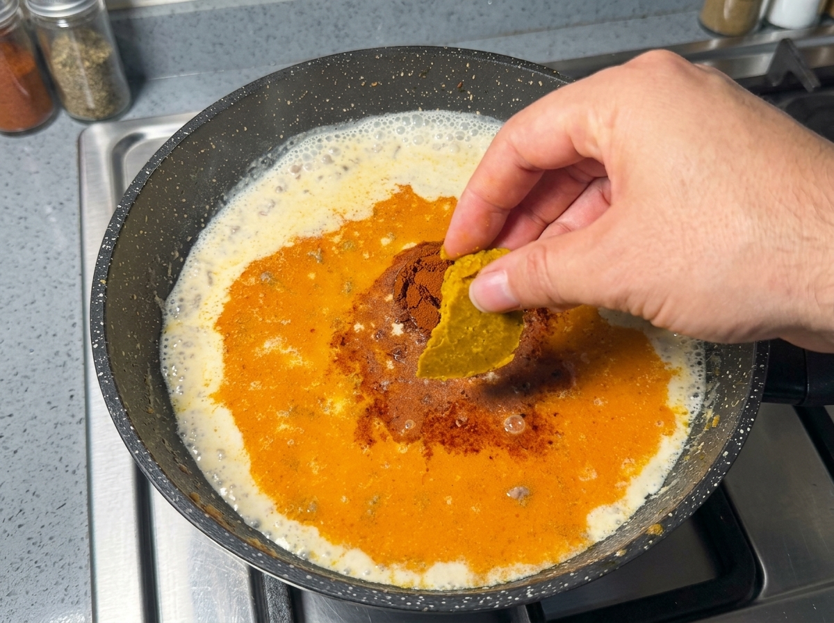 A hand crumbling a block of golden Japanese curry roux over a pan of milky broth with minced meat.