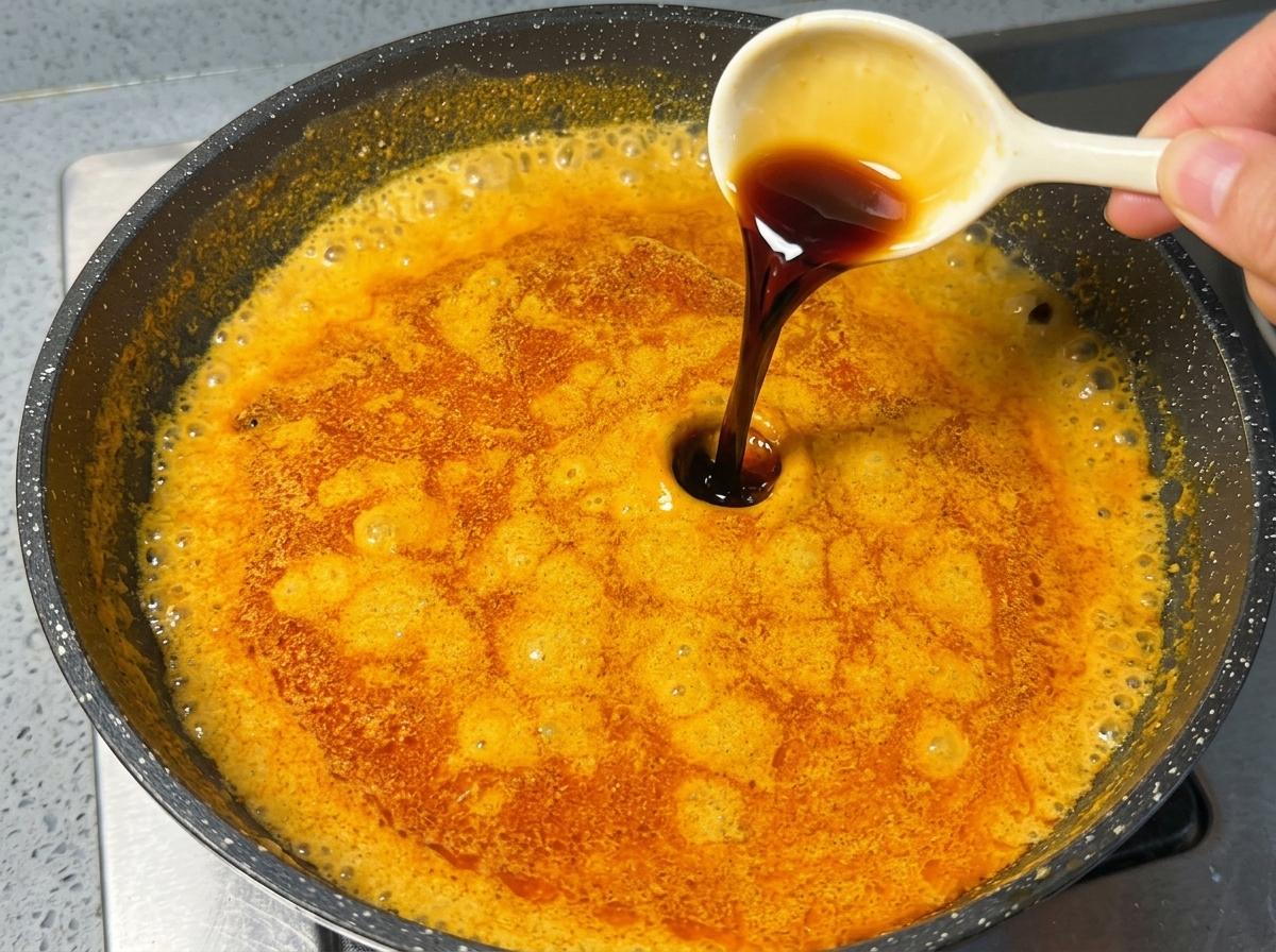 Dark soy sauce being poured from a small ceramic spoon into a pan of bright orange, simmering curry sauce.