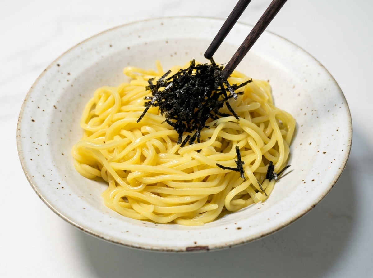 Dark chopsticks placing a mound of shredded black seaweed on top of bright yellow cooked noodles in a speckled bowl.