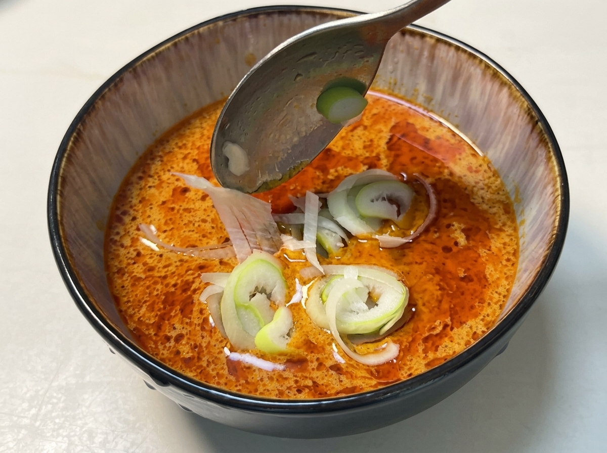 A spoon placing fresh sliced scallions onto a rich, orange-brown curry dipping sauce in a dark ceramic bowl.