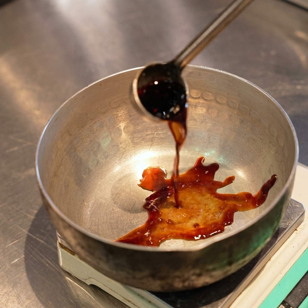 A close up shot of dark soy sauce being poured from a stainless steel measuring spoon into a small silver pot sitting on a digital scale.