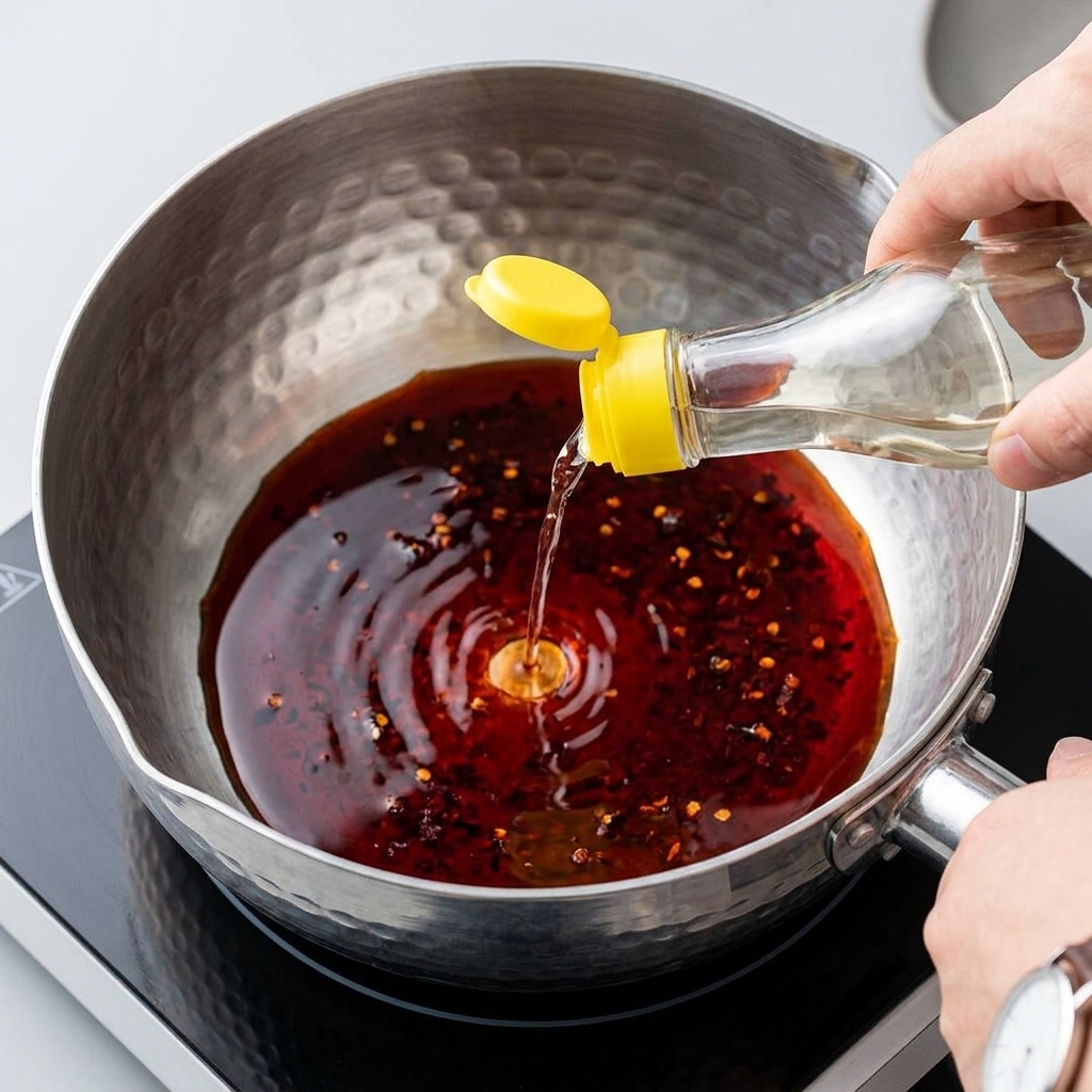 Clear white vinegar being poured from a glass bottle into a metal pot with dark soy sauce and red chili flakes.