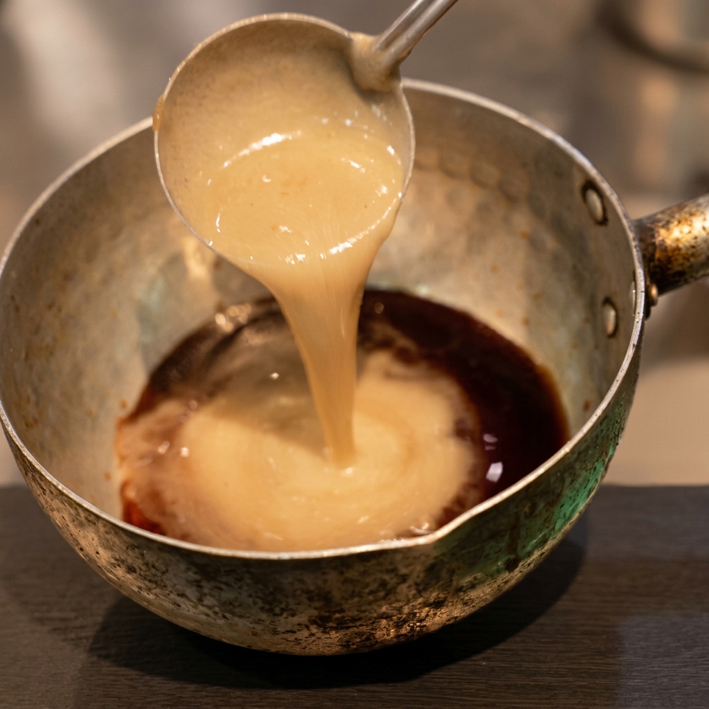 A ladle full of creamy beige pork broth being poured into a pot containing dark soy sauce base.