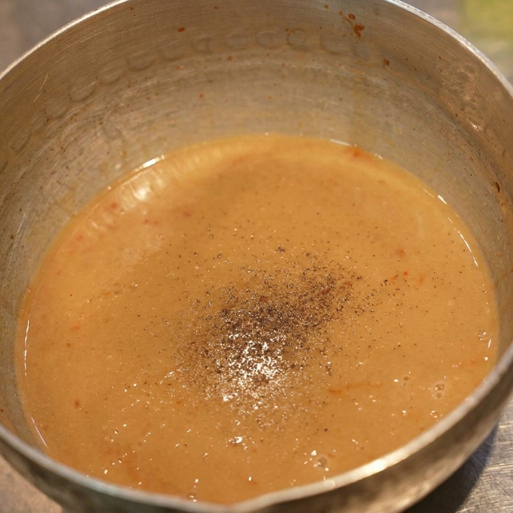 Fine black pepper powder settling on top of a light brown creamy broth in a metal pot.