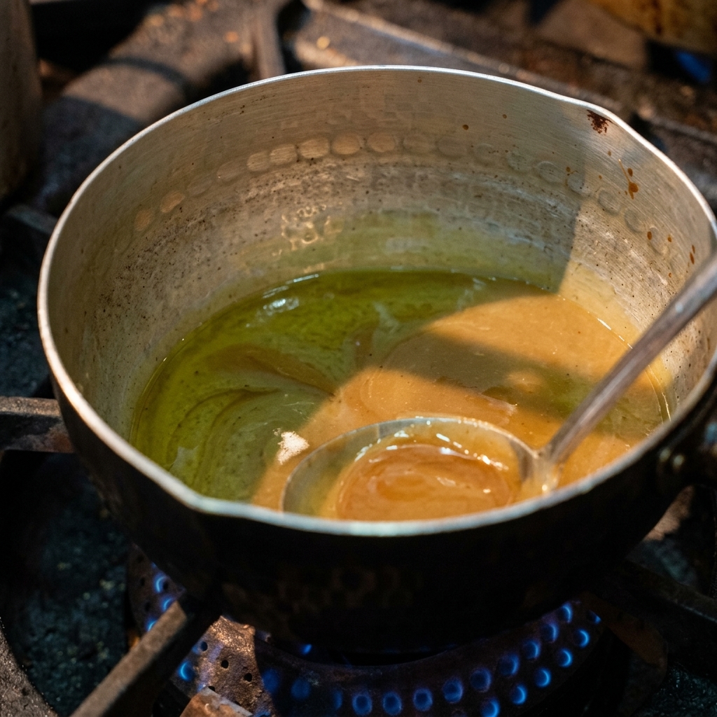 A metal pot on a gas stove with blue flames, with a ladle stirring a brown dipping sauce.