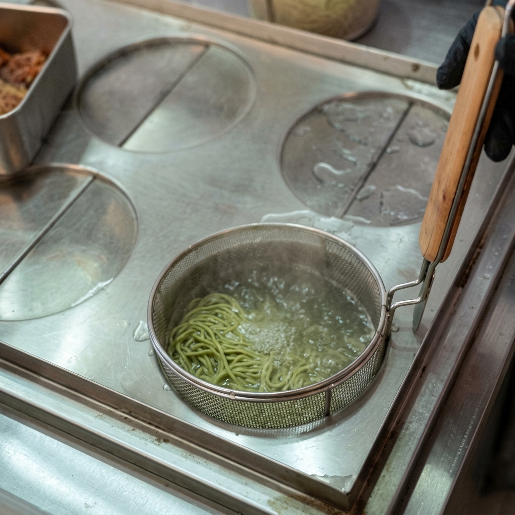 A mesh noodle basket holding yellow ramen noodles submerged in bubbling hot water.