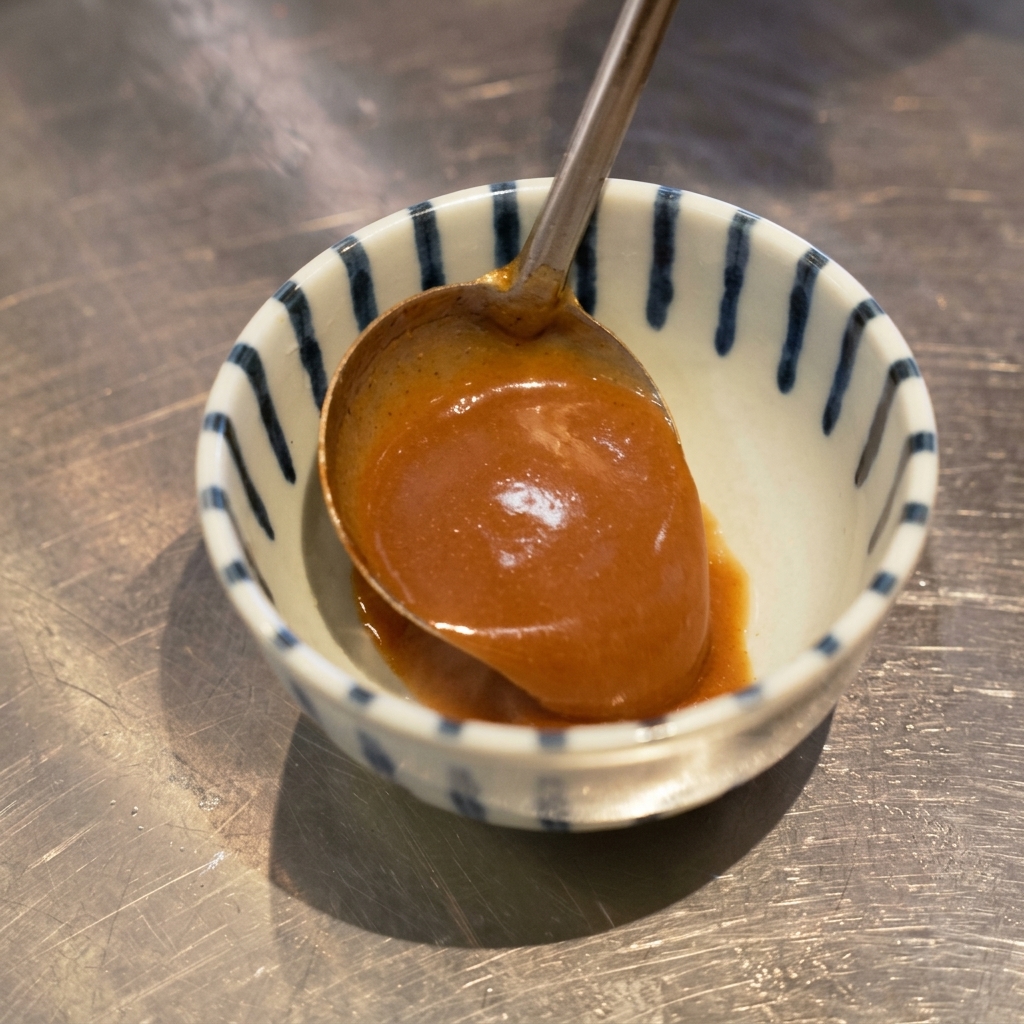 A metal ladle pouring rich, brown dipping sauce into a ceramic bowl with vertical blue stripes.