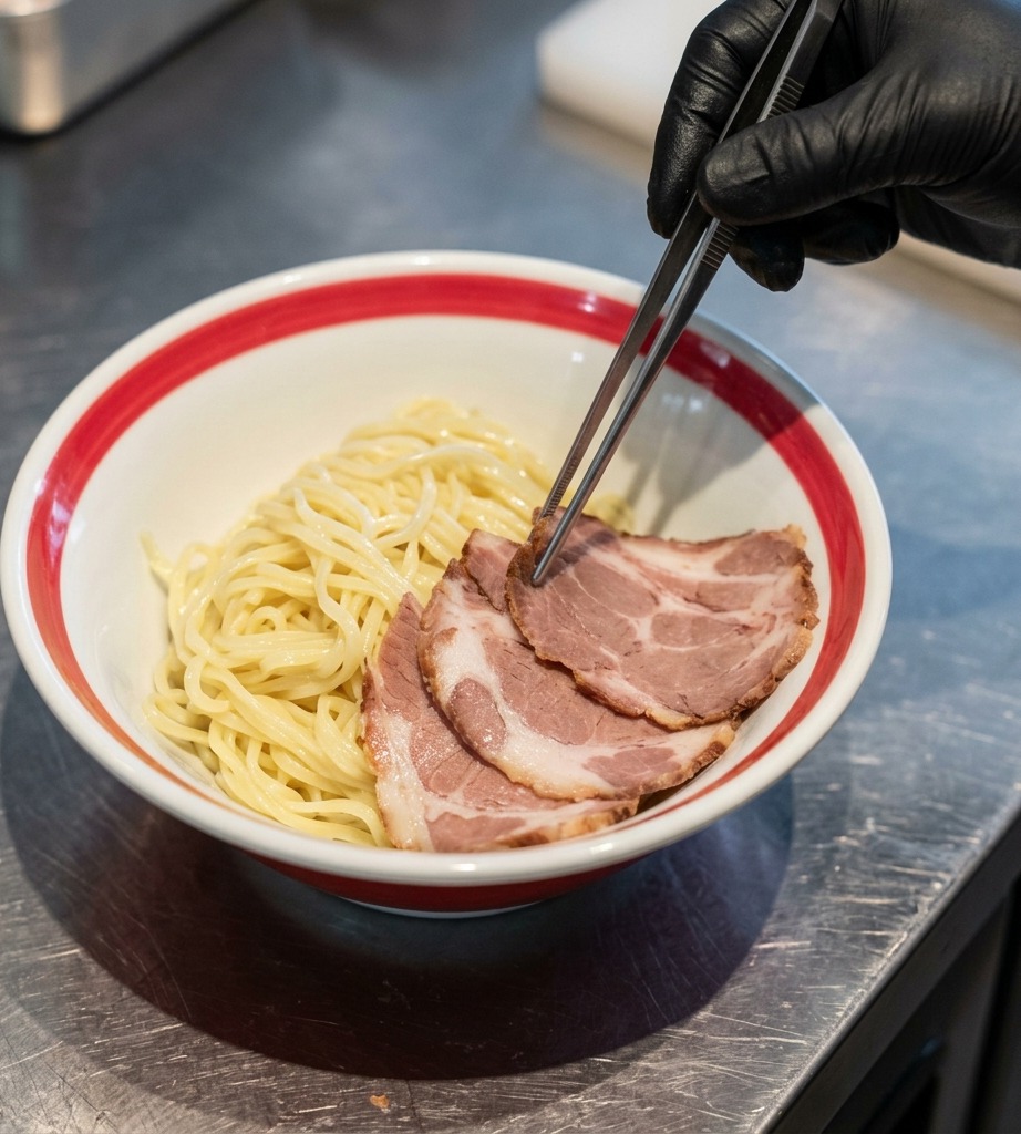 A pair of tweezers placing thin, marbled slices of braised pork belly onto a bed of thick, pale yellow ramen noodles in a red rimmed bowl.