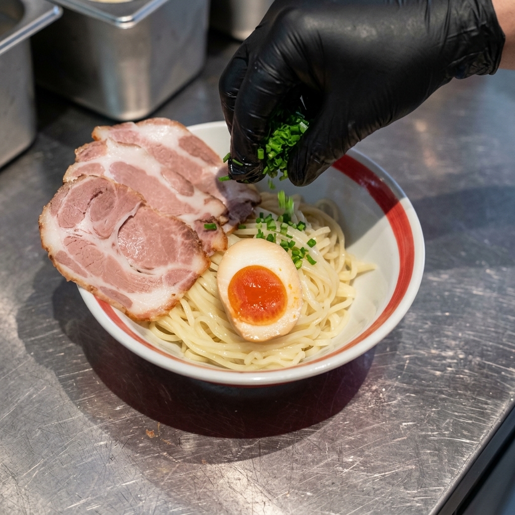 A chef wearing black gloves sprinkling bright green scallions over a bowl containing noodles, Chashu pork, and a soft-boiled egg.