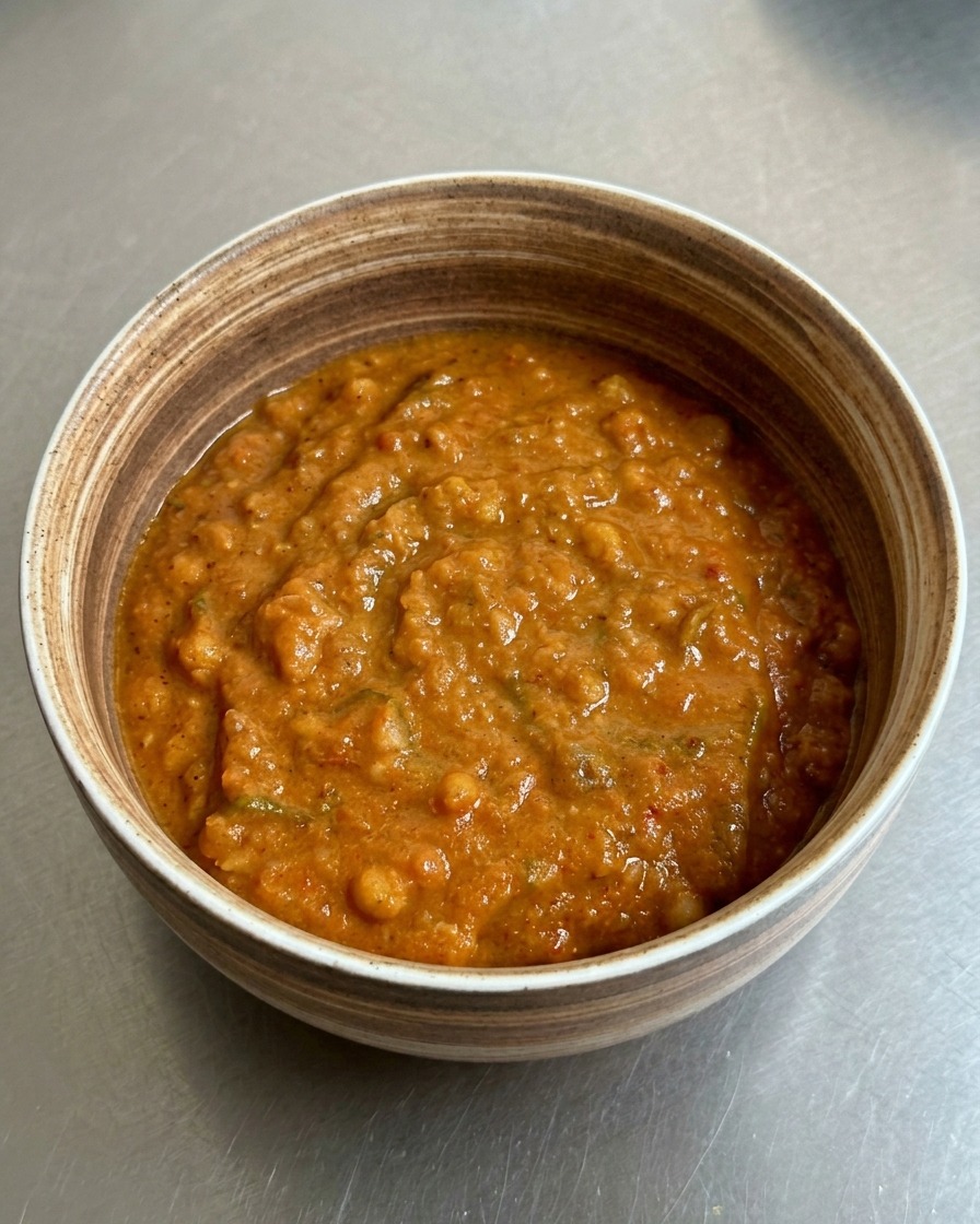 A ceramic bowl filled with a thick, textured orange-brown dipping sauce, showing bits of meat and scallions.