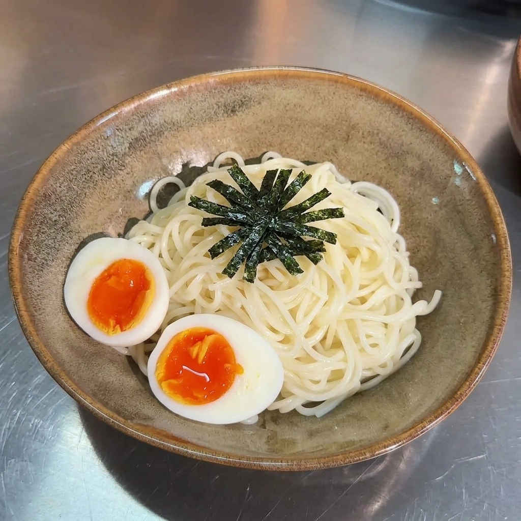 A brown ceramic bowl containing white ramen noodles topped with two halved soft-boiled eggs and a star-shaped garnish of shredded nori seaweed.