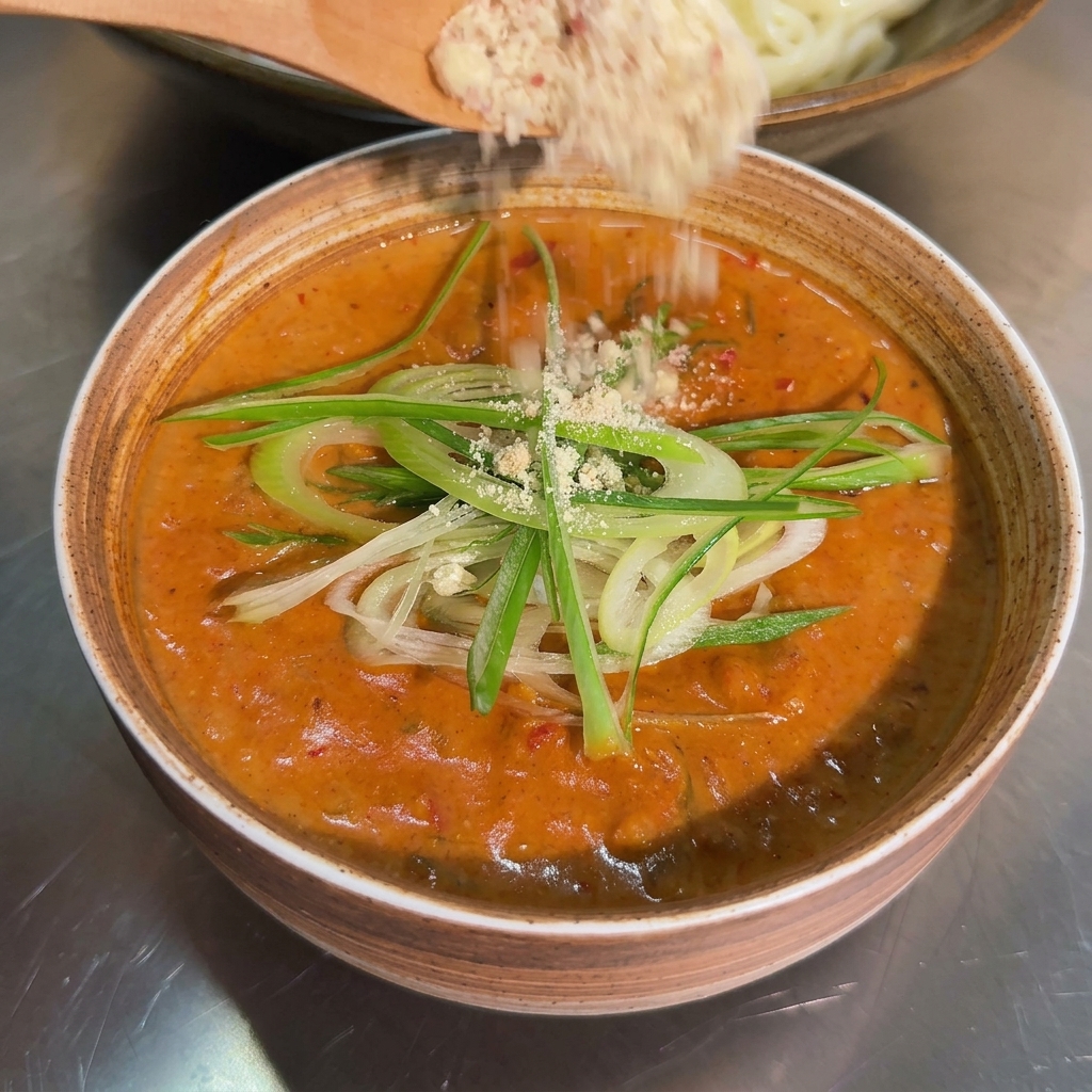 A close-up shot of a bowl of orange dipping sauce being garnished with shredded green onions and ground peanut powder falling from a wooden spoon.