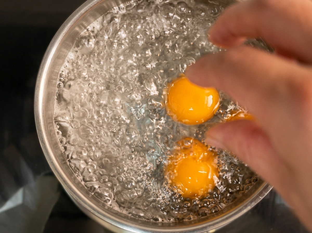 A hand gently placing whole eggs into a stainless steel pot filled with vigorously boiling hot water.