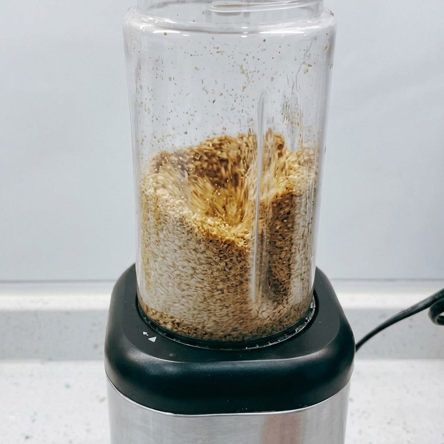 Roasted sesame seeds spinning rapidly and being crushed into a fine powder inside the clear cup of a small electric blender.